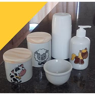 Imagem de Kit higiene bebê Fazendinha 5 Pçs - Potes, porta álcool e molhadeira porcelana + garrafa térmica