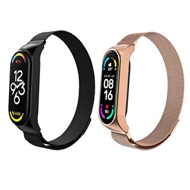 Imagem de Kit 2 Pulseira magnética de metal para Xiaomi Band 7 6 5 4 3, pulseira de substituição de aço inoxidável ajustável para smartwatch, adequada para mulheres, homens, esportes e trabalho. (Mi Band 3/4/5/6, Preto + ouro rosa)