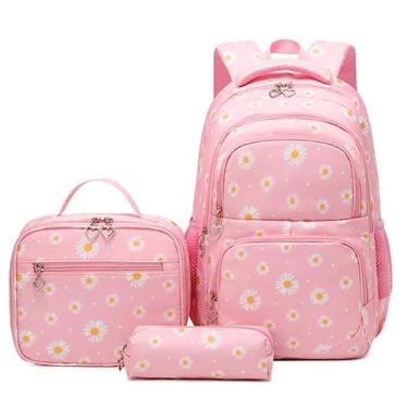 Imagem de Conjuntos de mochilas com estampas de margarida 3 peças para crianças mochila para escola primária mochila para estudantes do ensino fundamental para adolescentes (ROSA)