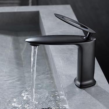 Imagem de Torneira de latão de alça única Furo único Torneiras de pia para banho Torneira de banheiro quente e fria Torneiras montadas no convés, pretas, tamanho único