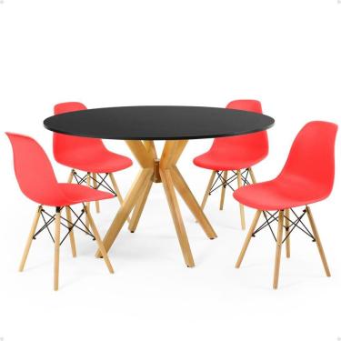 Imagem de Conjunto Mesa de Jantar Redonda Marci Preta 120cm com 4 Cadeiras Eames Eiffel - Vermelho