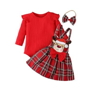Imagem de Macacão infantil de outono de 2023 para meninas de manga comprida, conjunto de vestido xadrez com alças e cobertores de bebê casuais para meninas, Vermelho, 12-18 Meses