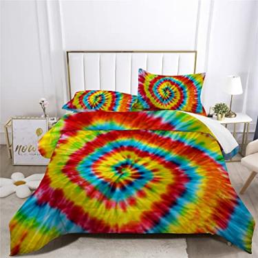 Imagem de Conjunto de edredom hippie moderno com decoração psicodélica Tie-dye, 7 peças, conjunto de cama tie-dye, incluindo 1 lençol com elástico + 1 edredom + 4 fronhas + 1 lençol de cima (C, cama queen em