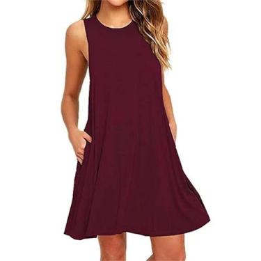 Imagem de Vestido feminino vermelho verão solto manga curta casual feminino, Vinho, GG