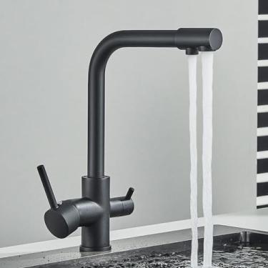 Imagem de Torneira de cozinha com filtro, cromada para beber água pura, torneira de cozinha montada em deck, alças duplas, misturador de água quente e fria de 3 vias, preto fosco B 2,1