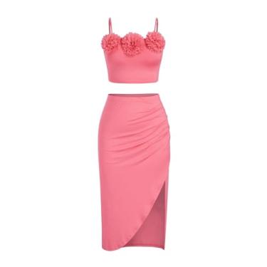 Imagem de BEAUDRM Conjunto feminino plus size de 2 peças, blusa cropped floral 3D e bainha assimétrica franzida, colado ao corpo, saia longa, rosa, 4X-Large