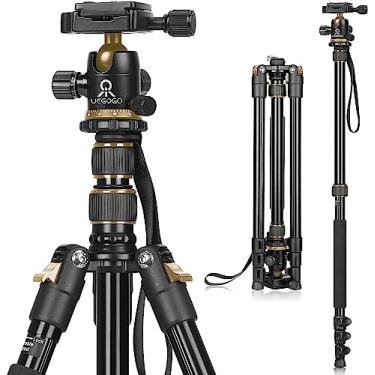 Imagem de Tripé para câmera, tripé profissional DSLR para câmera, monopé expansível até 210 cm, com cabeça giratória de 360°, bolsa de transporte, tripé pode carregar 8 kg (ouro)