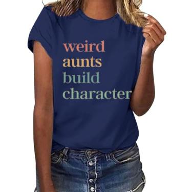 Imagem de Camisetas de gola redonda PKDong Weird Aunts Build Character Auntie Letter Printed Short Sleeve Fashion Shirts 2024 Camisetas casuais, Azul escuro, M