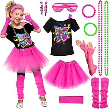 Imagem de Latocos 14 Pcs 80s Costume Accessories T-Shirt Tutu Skirt Outfits Halloween Cosplay 1980s Theme Retro Party Girls