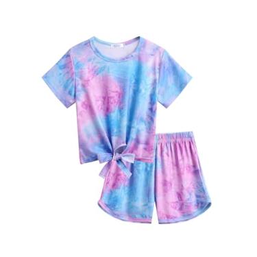 Imagem de Arshiner Conjunto de shorts de verão para meninas, 2 peças, conjunto de camiseta e shorts esportivos tie dye com estampa floral, Roxo e azul, 11-12 Anos