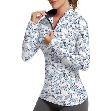 Imagem de GGOV Camisas de golfe femininas FPS 50+, proteção solar, secagem rápida, leve, manga comprida, camisas polo para mulheres Rash Guard, Flor branca, PP