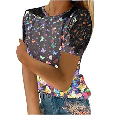 Imagem de Blusa feminina floral de renda patchwork manga curta moderna 2024 tops de verão camisetas casuais macias roupas da moda, Multicor, P