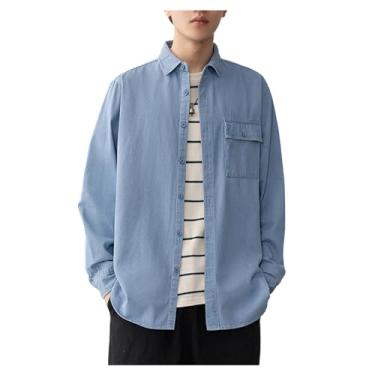 Imagem de Camisa jeans masculina, manga comprida, bolsos frontais, cor sólida, gola aberta, botões e punhos, Azul claro, XG