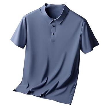 Imagem de Camisa polo masculina de lapela sólida de seda gelo camisas de golfe com botões para trabalho camiseta elástica atlética secagem rápida, Cinza, 4G