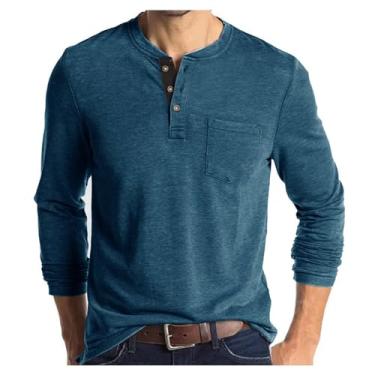 Imagem de Camisetas masculinas casuais com bolso de cor sólida manga comprida com botões atléticos para treino urbano, Azul, G