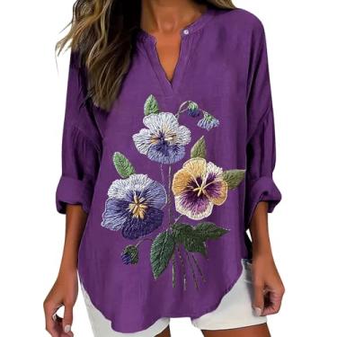 Imagem de Camiseta feminina de conscientização de Alzheimers de linho com gola V grande, casual, estampa de flores roxas, Roxa, XXG