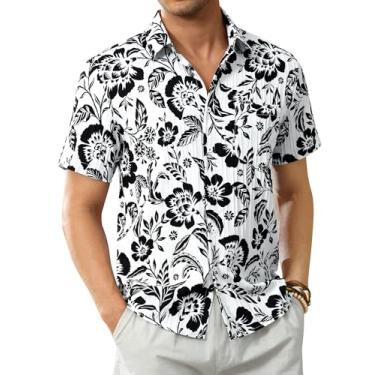 Imagem de DEMEANOR Camisa havaiana masculina manga curta floral botão camisa tropical havaiana camisas de linho casual praia, Floral branco, 3G