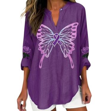 Imagem de Camisetas femininas Alzheimers Awareness de linho, gola V, manga enrolada, blusa com estampa de flores roxas, Roxo 04, P