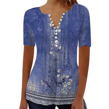Imagem de Camiseta feminina plissada, floral, estampada, gola V, botão, camiseta, solta, casual, túnica, camiseta de férias de verão, Azul, 3G