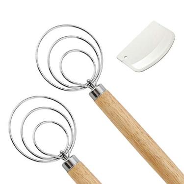 Imagem de Conjunto de batedor de massa dinamarquês de 2, 11 polegadas de aço inoxidável de madeira batedor dinamarquês misturador de pão e raspador de corte de pão para cozinhar pão, pastelaria, bolinhos e mass