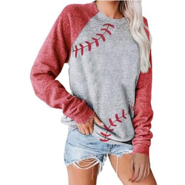 Imagem de Camisetas femininas de beisebol com estampa fofa raglã manga longa pulôver casual solto gola redonda moletom 2024, Vermelho melancia, 4G