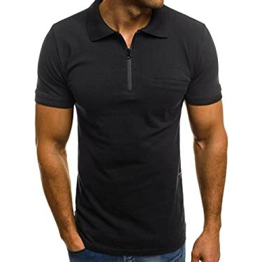 Imagem de Camisetas masculinas verão outono manga curta gola tartaruga crochê camisetas básicas homem 2024, Q-08 Preto, XG