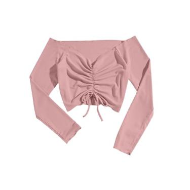 Imagem de SHENHE Camiseta feminina cropped de manga comprida franzida com cordão e ombros de fora, Rosa empoeirado, M