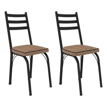 Imagem de Kit 2 Cadeiras De Cozinha Luisiana Estampado Rattan Bege Pés De Ferro Preto