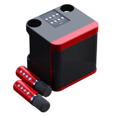 Imagem de Mini máquina de karaokê com 2 microfones sem fio, alto-falante Bluetooth portátil com eco e corte vocal, suporta USB/FM/AUX/TF para atividades ao ar livre em festas em casa
