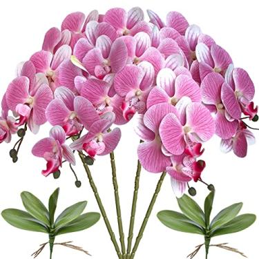 Imagem de FagusHome Flores artificiais Phalaenopsis de 81 cm, 4 peças com 2 feixes de folhas, orquídeas artificiais, plantas com caule, borboleta falsa, flores Phalaenopsis, para decoração de festa de casamento