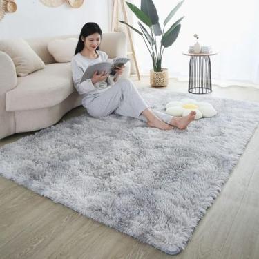 Imagem de Tapete peludo para sala de estar, quarto moderno, estilo nórdico, decoração, tamanho grande, preto, cinza, branco, tie-dye, cinza claro, 120x160cm