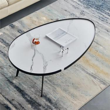 Imagem de Mesa de centro oval pequena com pernas de metal preto, mesa de centro moderna de meados do século, mesa de centro minimalista para sala de estar