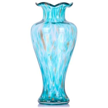 Imagem de LINYTHER Vaso redondo alto fino de 27 cm, vaso de vidro marinho turquesa, lindo vaso de vidro soprado à mão, vaso de vidro artístico azul decorativo para mesa de balcão, cornija de entrada, mesa de