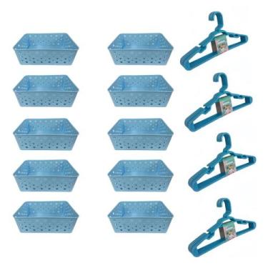 Imagem de Kit 10 Cestos Org Premium 20 Cabides Infantil Azul - 123 Organizei