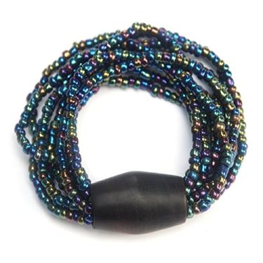 Imagem de Pulseira étnica Bali com contas de vidro cromado arco-íris brilhante com contas de madeira Soloklin grande e densa, 8 inches, Sem Pedra Preciosa