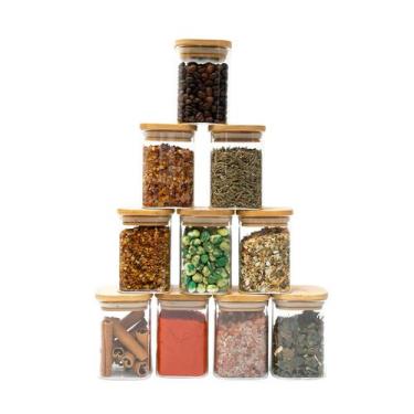 Imagem de Kit 10 potes de vidro 200ml tampa de bambu herméticos quadrados - Tüd 