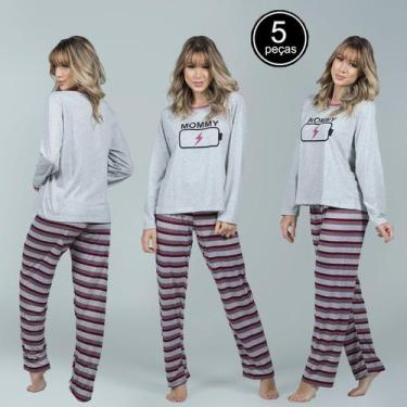 Imagem de Kit 5 Pijamas Longo Feminino Malha Adulto Calça Blusa Frio - WLS Modas