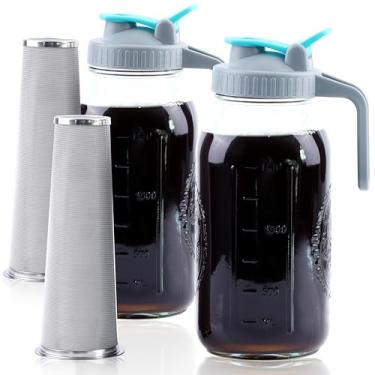 Imagem de Máquina de café Cold Brew 1,8 g de boca larga para cafeteira gelada, conjunto de 2 jarras de vidro de 2 litros com coador, jarro de cerveja fria de 2 litros com tampas de bico para geladeira,