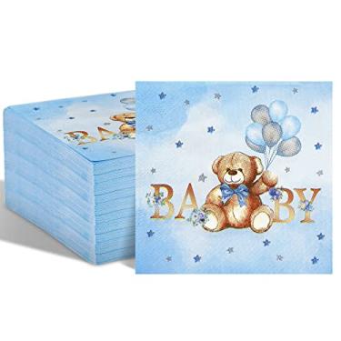 Imagem de Pacote com 100 guardanapos de urso para chá de bebê quadrado ursinho de pelúcia 3 camadas guardanapos de papel descartáveis balão estrela ursinho de pelúcia azul guardanapos de coquetel para chá de bebê revelação de gênero decorações de festa de aniversário, 12,7 x 12,7 cm