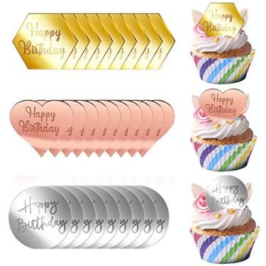Imagem de 30 peças de mini topos de acrílico para bolo de feliz aniversário, enfeite de cupcake acrílico espelhado, faça você mesmo, formato hexagonal redondo, enfeite de bolo gravado, berloques, decorações de