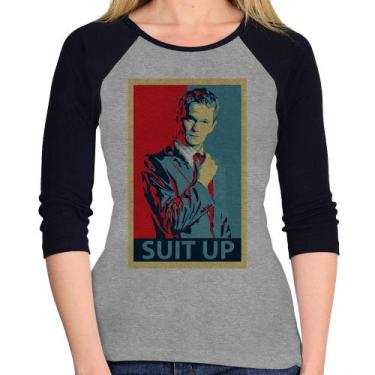 Imagem de Baby Look Raglan Suit Up Barney Stinson Manga 3/4 - Foca na Moda, Cinz