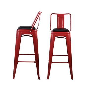 Imagem de GIA Cadeira de cadeira de metal traseira média com altura de barra de 76 cm com assento de couro vegano, vermelho, conjunto de 2