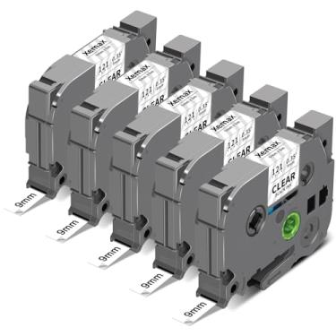 Imagem de XemaX Fita adesiva transparente laminada 5X Tze-121 9 mm de 9 mm compatível com fita adesiva Brother P-Touch 9 mm 0,9 cm Tze Tz Tze121 Tz-121 Tz121 para PTD210 PTD220 PTD202 PTD200 PTH110 PTH110