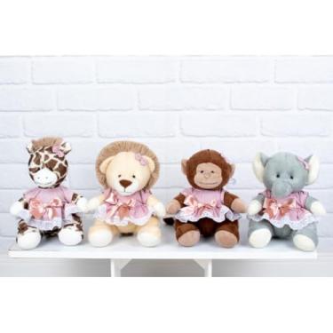 Imagem de Safari de Pelúcias, Vestidos com Lese, Conjunto de 4, Girafa, Leão, Macaco e Elefante 15 cm (Vestido com lese rosê liso)