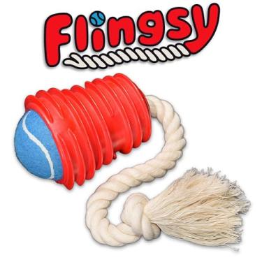 Imagem de Flingsy Feito nos EUA Flingsy lançador de bolas para cães e puxador de corda brinquedo de arremesso combinado com corda de algodão 100% natural