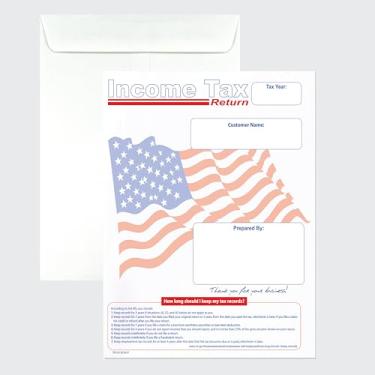 Imagem de Envelope de declaração de imposto de renda de 100 caixas para clientes, design de bandeira americana de 25,4 x 33 cm, resistente 12,7 kg, branco, 100 envelopes
