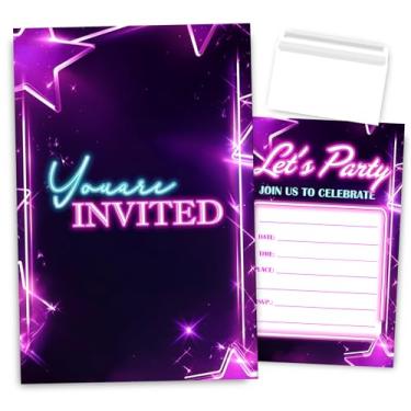 Imagem de VAVINCI Convites de festa de aniversário neon, cartões de convite para festa vamos festas, convites rosa para meninas adolescentes, 30 conjuntos com envelopes