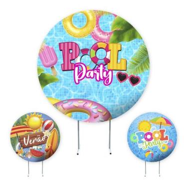 Imagem de Painel de festa Pool Party, painel redondo, capa de cilindro e portal 