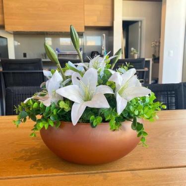 Imagem de Arranjo Grande Centro Mesa Lírio Branco Artificial Vaso Marrom - Decor