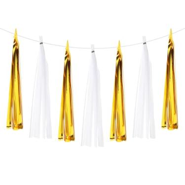 Imagem de PATIKIL Faixa de guirlanda de borla, 20 peças de papel de seda, borlas, decoração de festa, kits DIY para chá de noiva, aniversário de casamento, branco/dourado